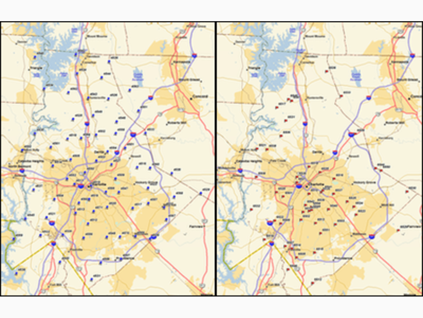 Charlotte-Mecklenburg FINS—Left: rain-gage network. Right: stream-gage network.