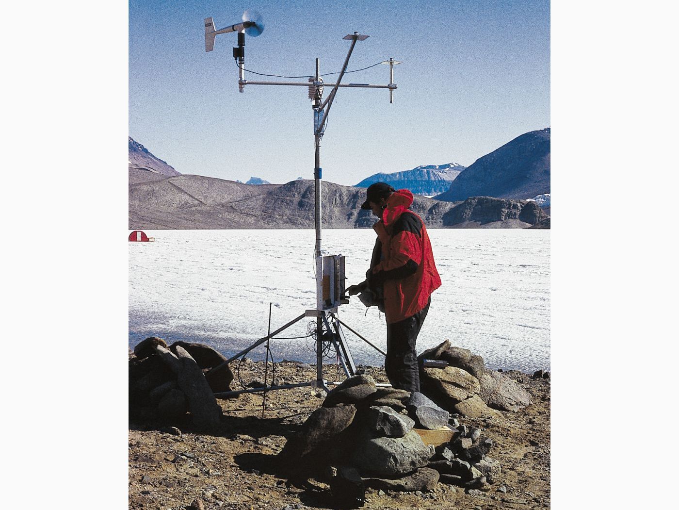 This energy flux station provides data for ecological research in the McMurdo Dry Valleys, Antarctica. Photo courtesy of Gayle Dana, Desert Research Institute.