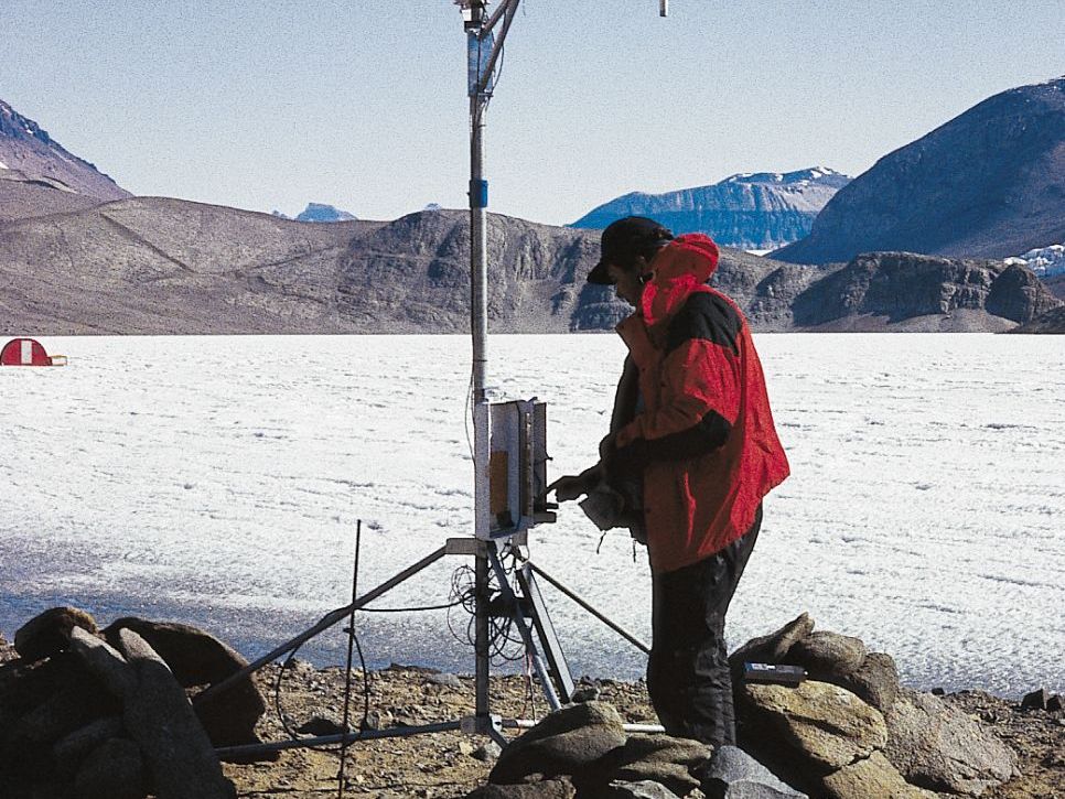 This energy flux station provides data for ecological research in the McMurdo Dry Valleys, Antarctica. Photo courtesy of Gayle Dana, Desert Research Institute.