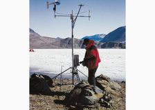This energy flux station provides data for ecological research in the McMurdo Dry Valleys, Antarctica. Photo courtesy of Gayle Dana, Desert Research Institute.