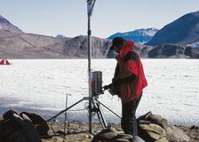 This energy flux station provides data for ecological research in the McMurdo Dry Valleys, Antarctica. Photo courtesy of Gayle Dana, Desert Research Institute.
